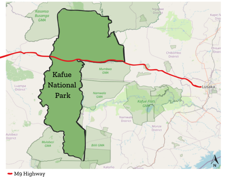 Map of Kafue National Park showing the M9 Highway in red - Credit: CLLC/Melissa Butynski